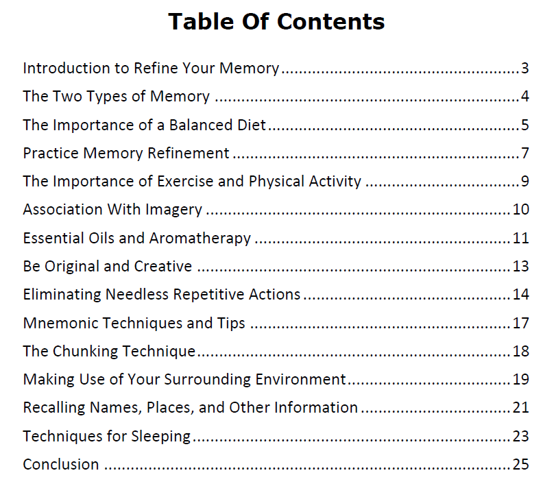 Refine Your Memory - Table Of Contents